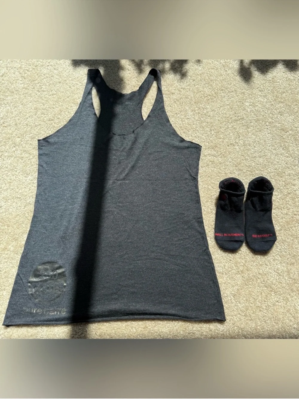 Pure Barre Dark Gray Racerback Tank Top and Black Grips for Women.